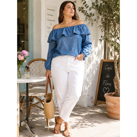Michael Kors Tops - MICHAEL Michael Kors Off The Shoulder Blue Chambray Ruffle Top Plus Size 2X
